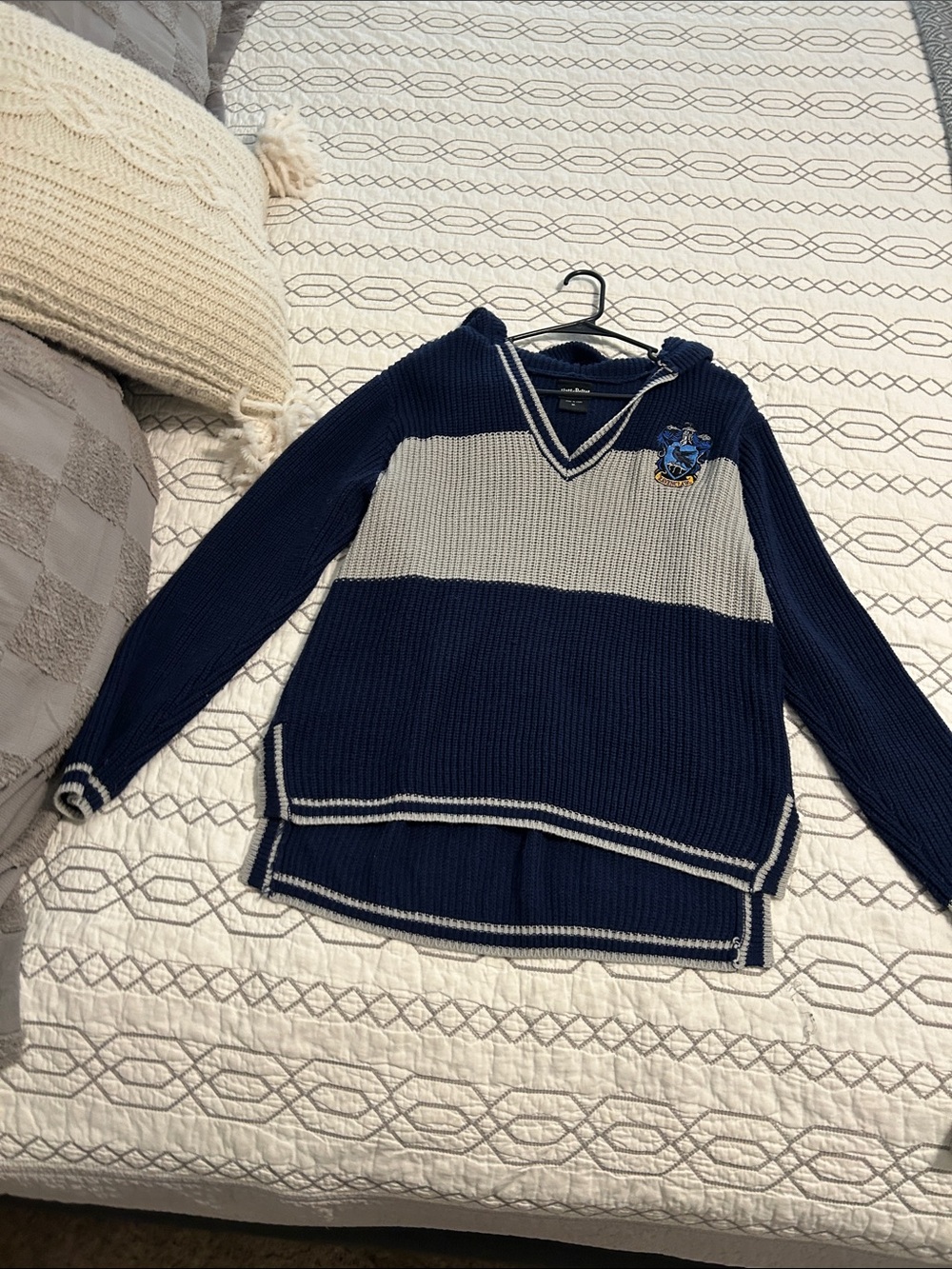 Navy and Light Gray V‑Neck Striped Knit Sweater